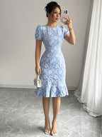 Blue Floral Puff Sleeve Dress