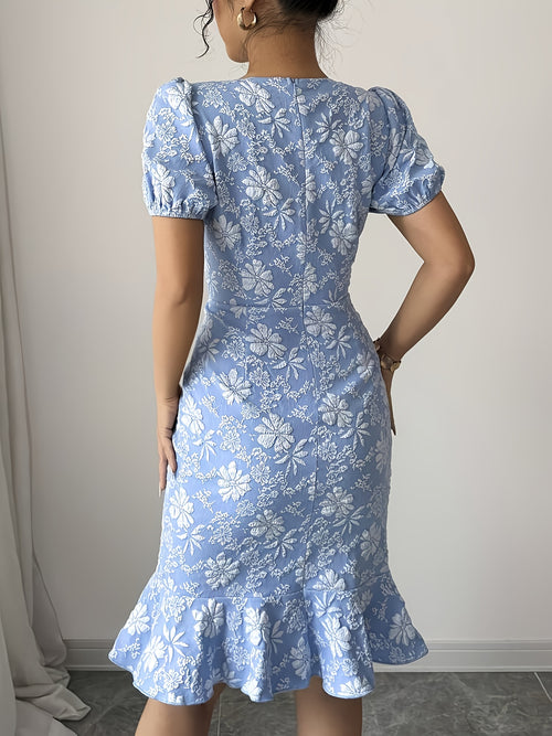 Blue Floral Puff Sleeve Dress