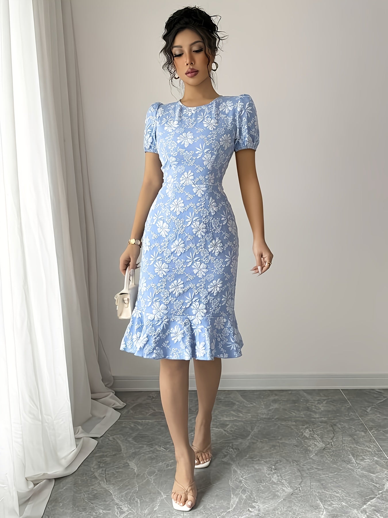 Blue Floral Puff Sleeve Dress