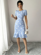 Blue Floral Puff Sleeve Dress