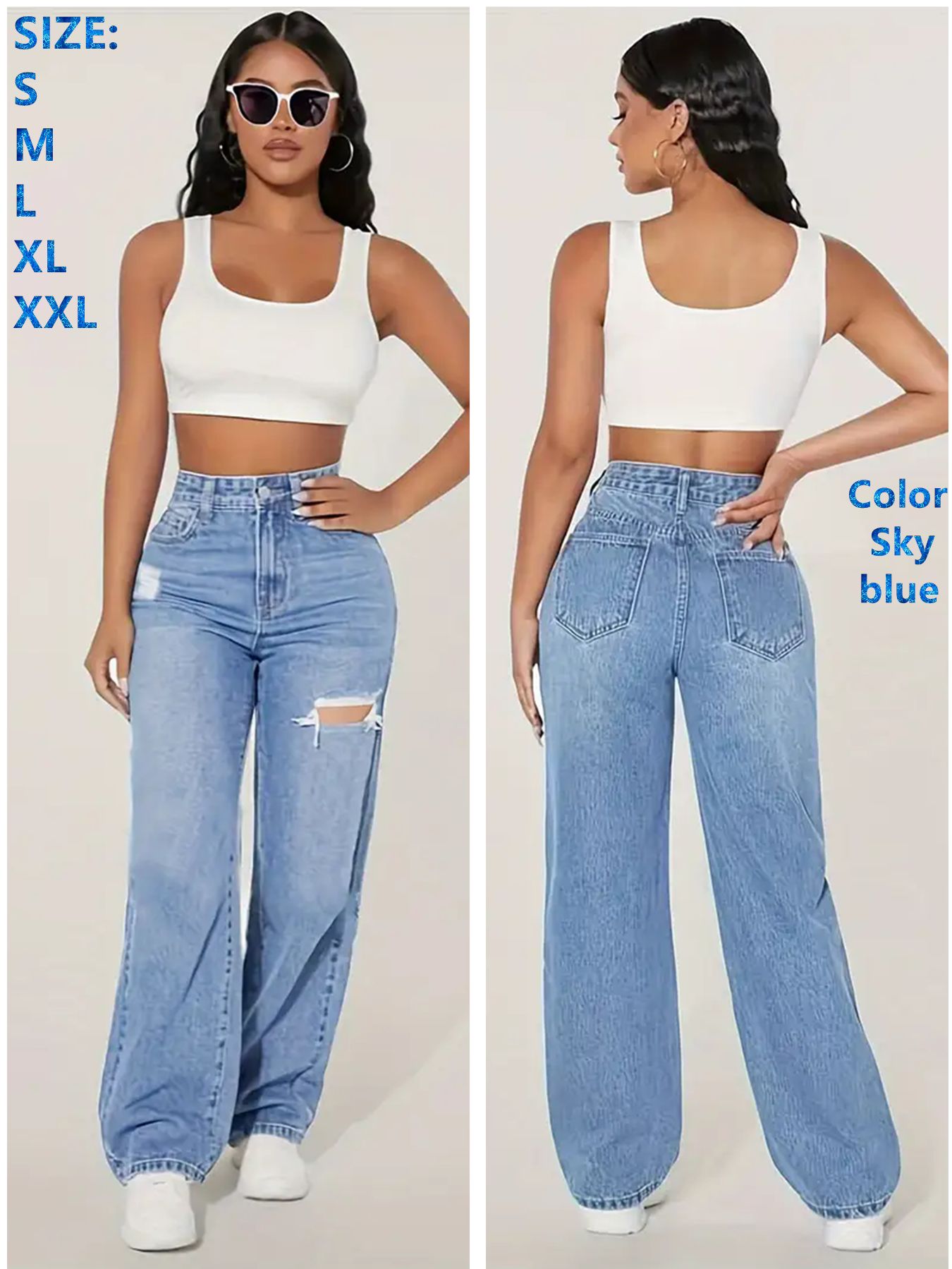 High-Rise Vintage Wash Wide-Leg Jeans with Distressed Detail