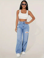 High-Rise Vintage Wash Wide-Leg Jeans with Distressed Detail