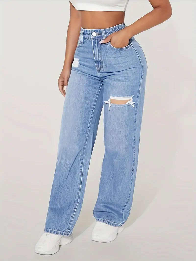 High-Rise Vintage Wash Wide-Leg Jeans with Distressed Detail