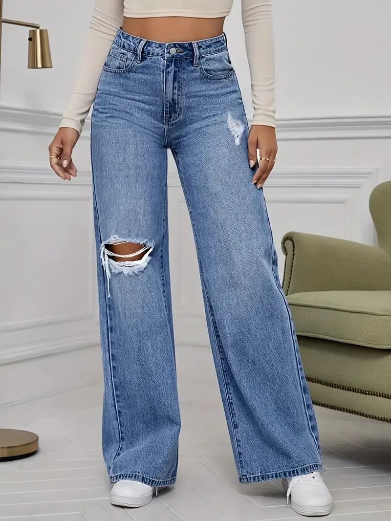High-Waisted Wide-Leg Distressed Denim Jeans