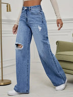 High-Waisted Wide-Leg Distressed Denim Jeans