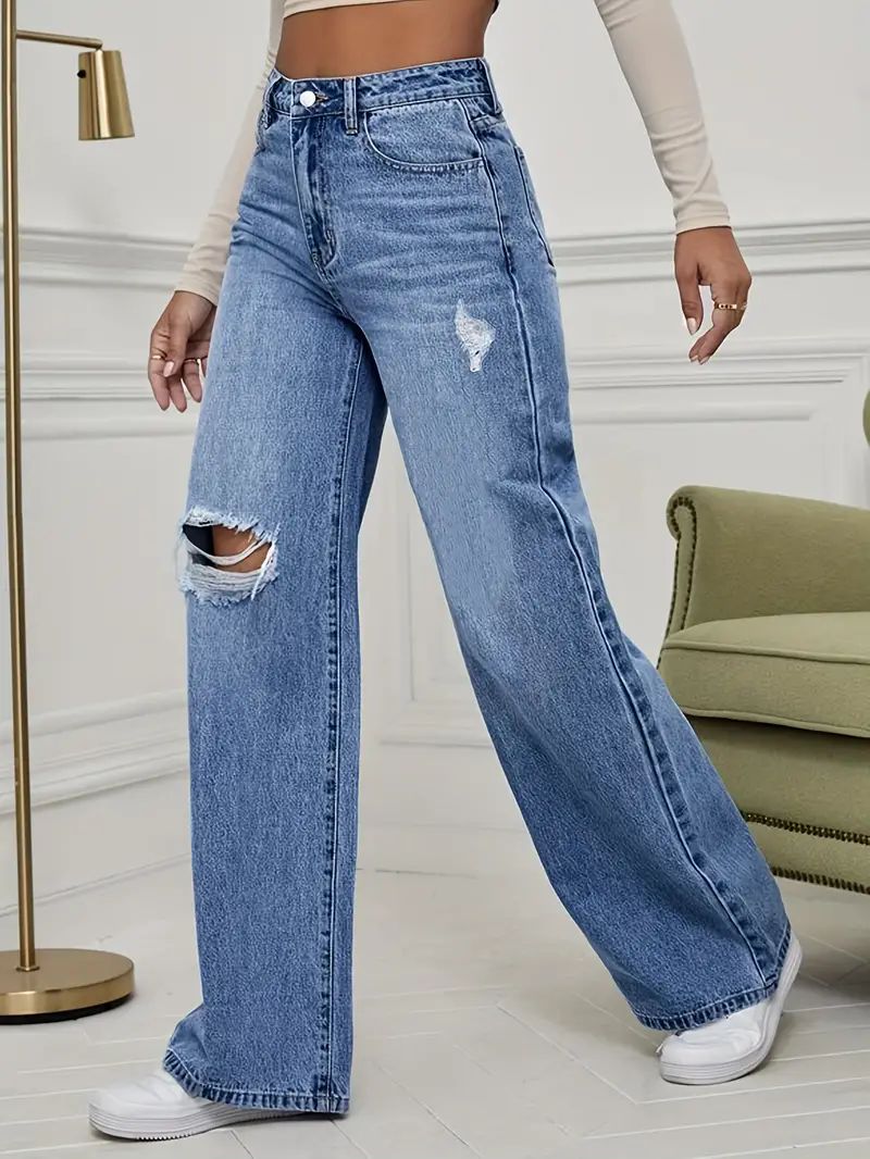 High-Waisted Wide-Leg Distressed Denim Jeans