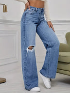 High-Waisted Wide-Leg Distressed Denim Jeans