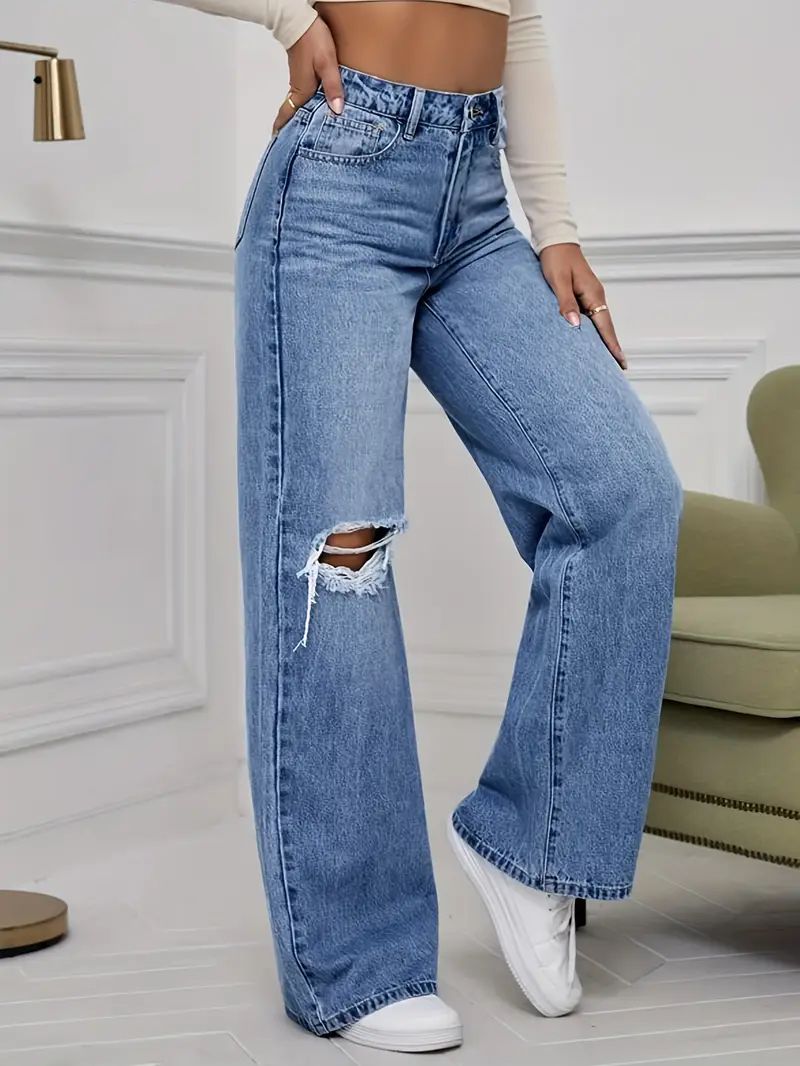 High-Waisted Wide-Leg Distressed Denim Jeans