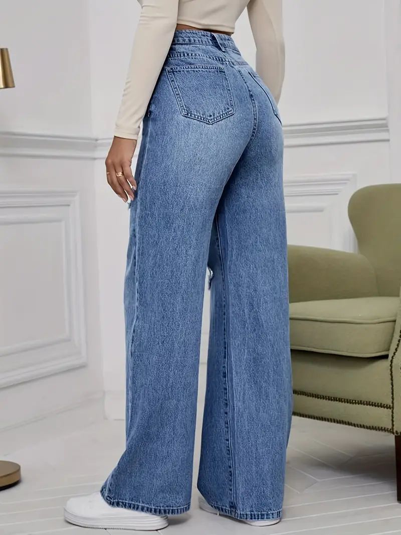 High-Waisted Wide-Leg Distressed Denim Jeans