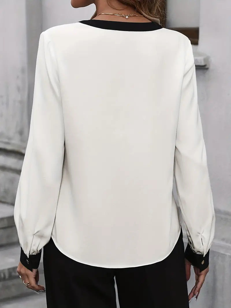 Monochrome Muse: Contrast Trim V-Neck Top