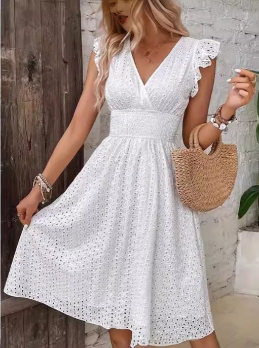 White Eyelet Smocked Waist Dress
