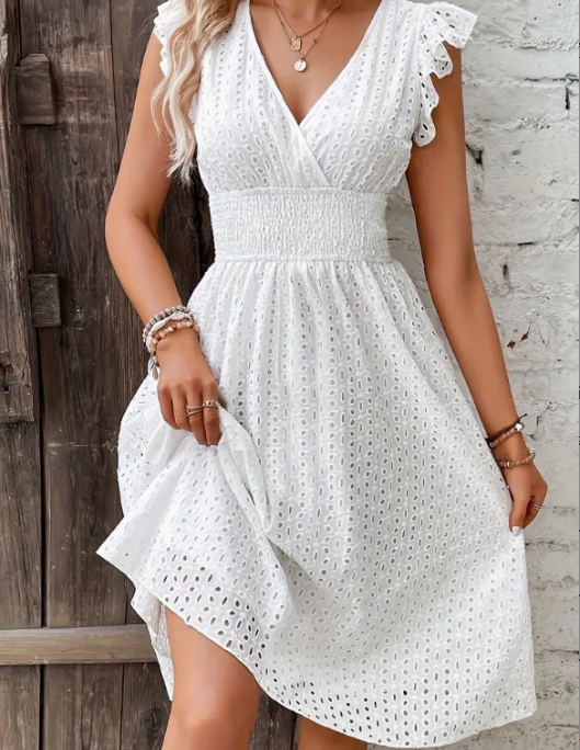 White Eyelet Smocked Waist Dress